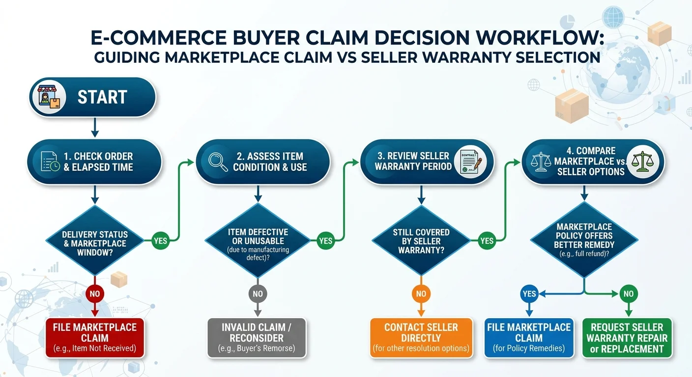 4-step decision flowchart guiding marketplace claim vs seller warranty selection